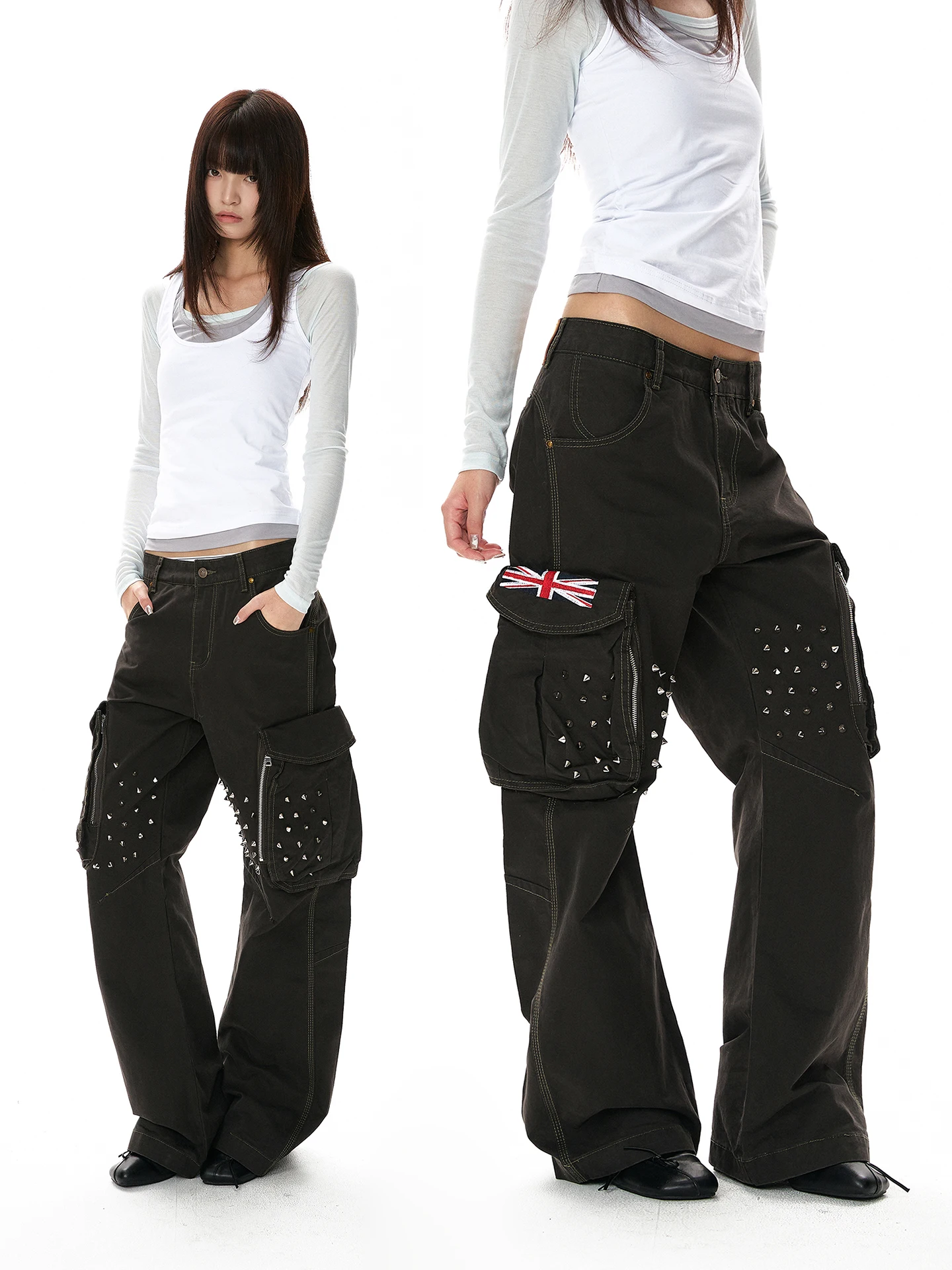 Calças Jeans Casuais Retrô PUEE com Rebites e Bordado de Bandeira, Corte Solto e Reto, para Homens e Mulheres, Estilo Urbano ...