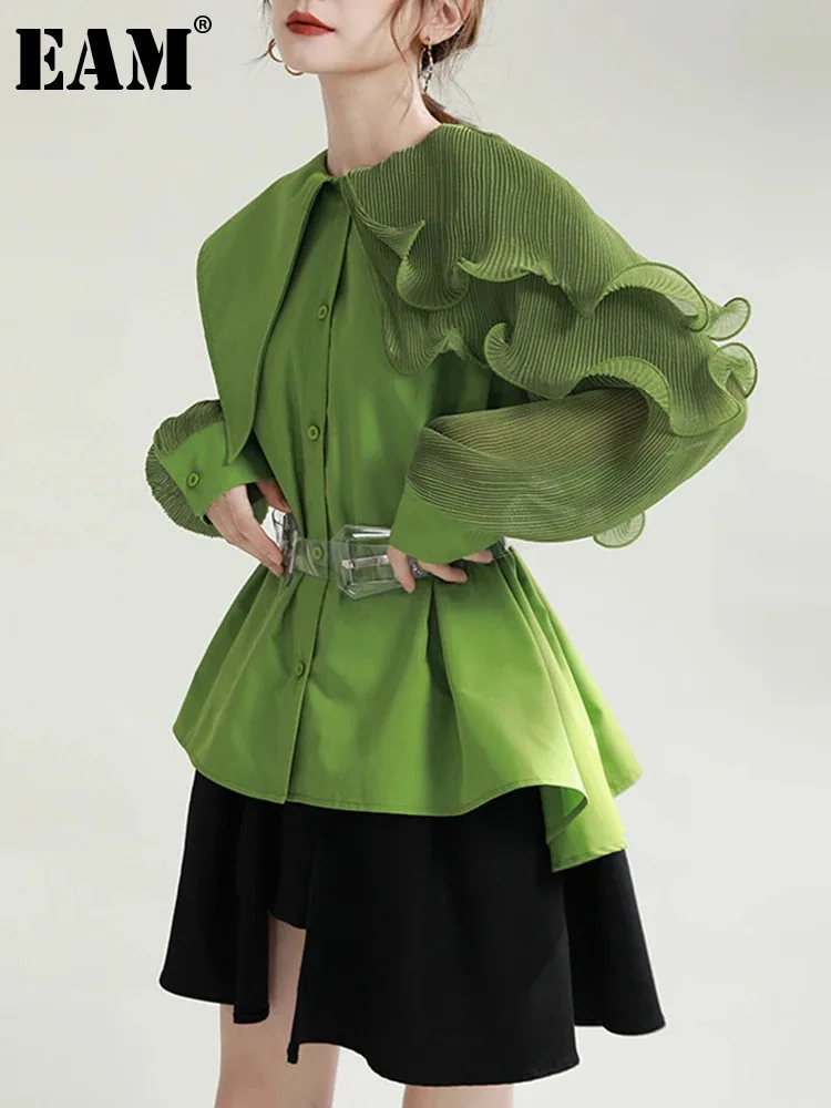 [EAM] Women Green Pleated Belted Big Size Blouse New Lapel Long Sleeve Loose Fit Shirt Fashion Tide Spring Autumn 2024 1DE3661