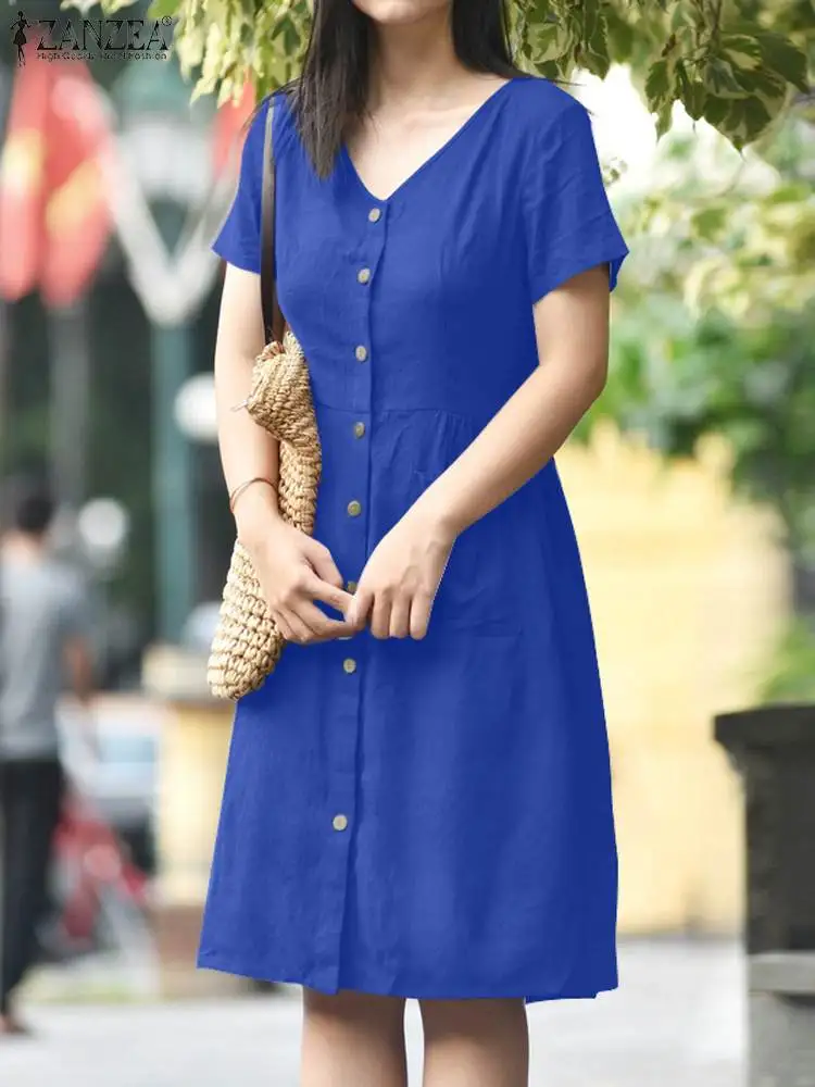 

ZANZEA Holiday V Neck Pockets Robes Casual Loose Knee-length Dress Women Summer Short Sleeve A-line Vestidos Leisure Sundress