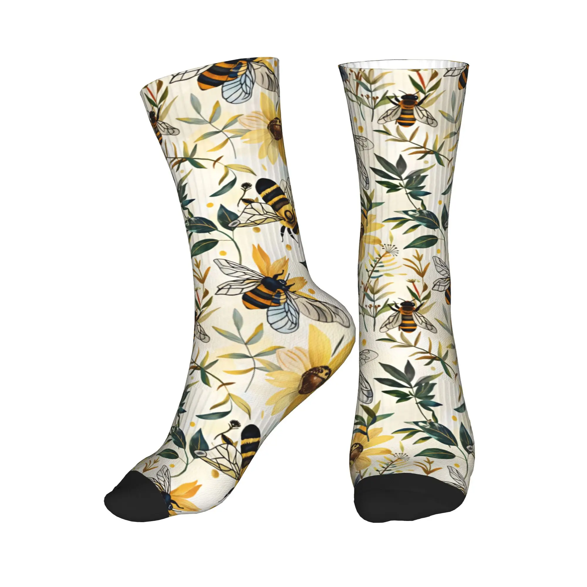 Watercolor Floral Honeycomb Bee Pattern Dress Socks for Men Women Warm Fashion Novelty  Crew Socks