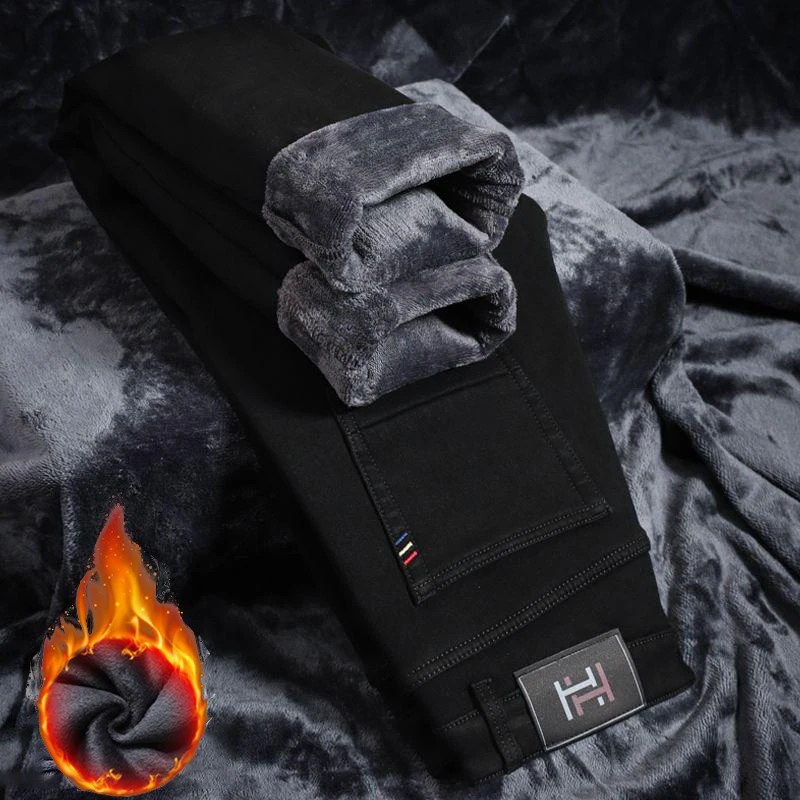 

Мужские осенне-зимние термооблегающие прямые джинсы, мужские модные зимние теплые плюшевые флисовые джинсовые брюки, деловые повседневные брюки