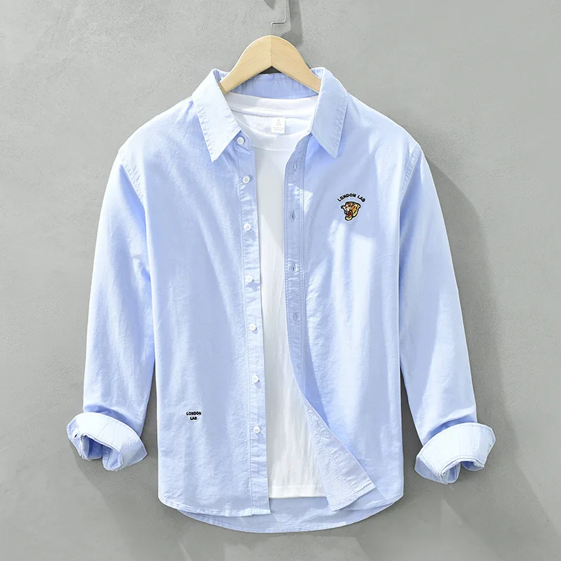 

Oxford Embroidery Long Sleeve Shirt for Men Soft Pure Cotton Tops Male Turn-down Collar Button Up Men Dress Shirt