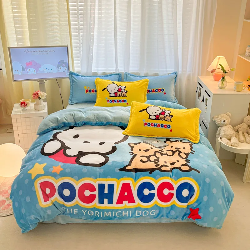 Sanrio Milk Velvet Bedding Set Cinnamoroll Hello Kitty Pachacco Winter Thickening Warm Flannel King Queen Duvet Cover Bed Sheet