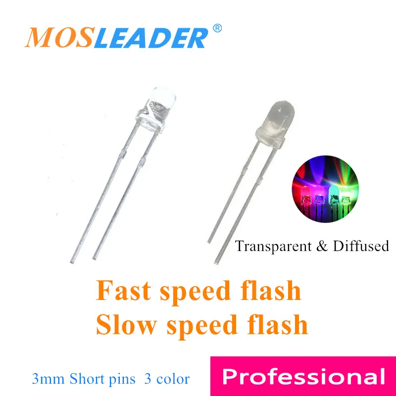 Mosleader 3mm 1000 peças flash rápido flash lento led 2p pinos curtos cabeça redonda transparente difuso rgb vermelho verde azul 3 cores