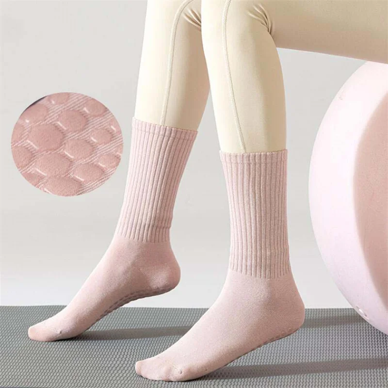 

5Pairs Cotton Mid-calf Floor Socks Solid Color Silicone Non-slip Tube Socks Female Ladies Ballet Pilates Dance Socks