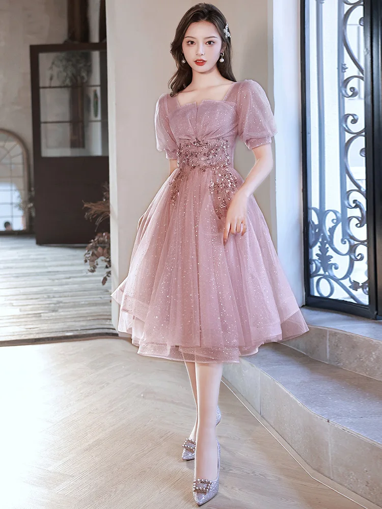 Women's Pink Fairy Prom Dress Sparkling Wedding Guest Gowns Evening Party Midi Dresses