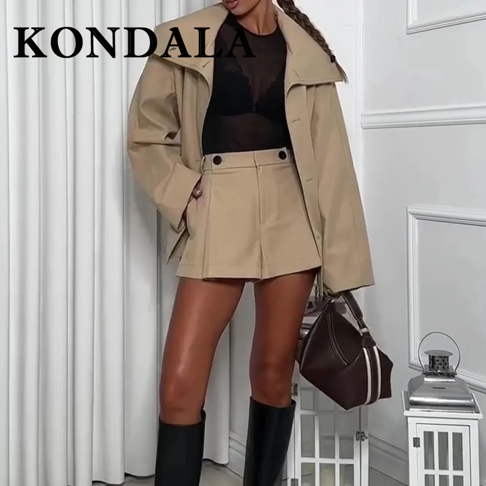 

KONDALA шикарный хаки 2025 повседневный женский костюм элегантные длинные пальто с поясом + шорты с высокой талией и карманами модный винтажный женский комплект