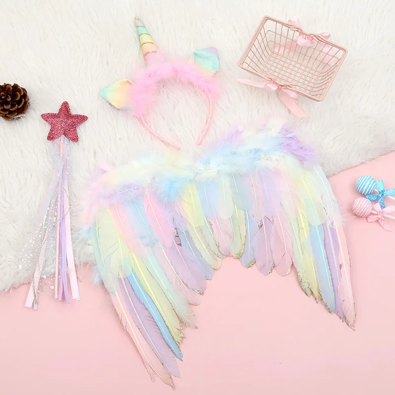 Unicorn Fairy Theme Party Decor Angel Feather Wings Unicorn Hair Hoop Fairy Stick Happy Little Girl Birthday Party Kids Gifts