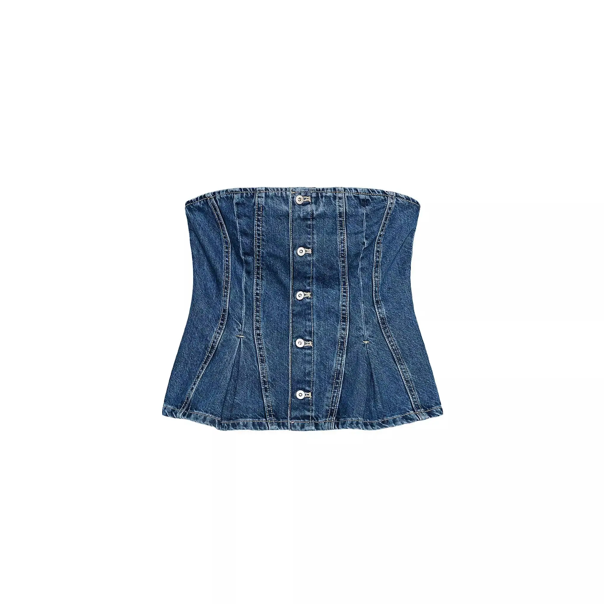 

Spring 2025 New Women's Denim Wrap Chest Straight Collar oulder Exposure Slimming Top Faionable Original Design ort Length