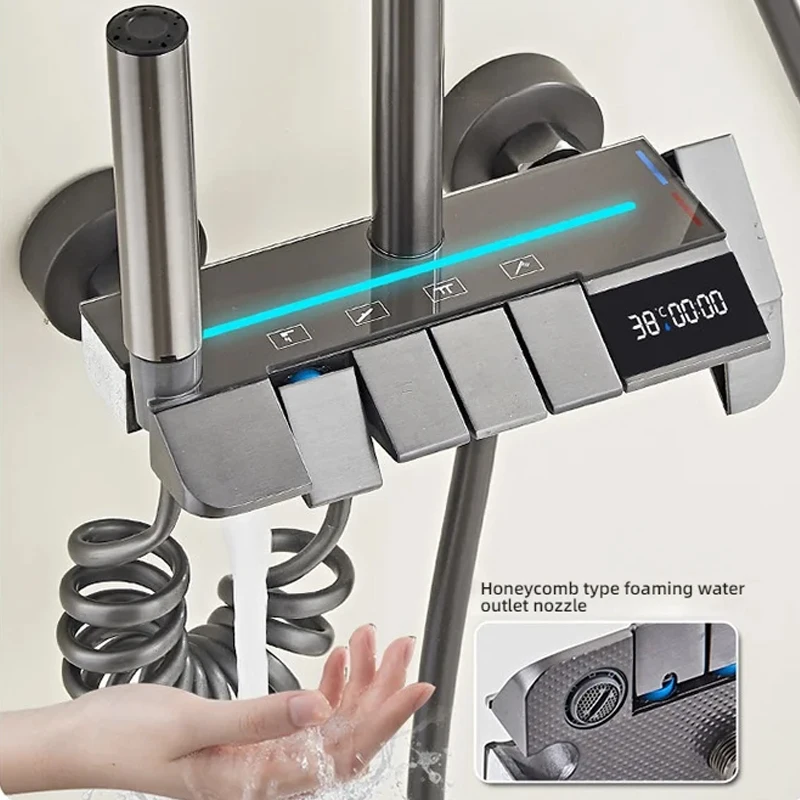 Bathroom Faucet Set With LED Display Shower Faucet Set Wall Mounted Piano Key Bathtub Rainlfall Bath Showers System Set