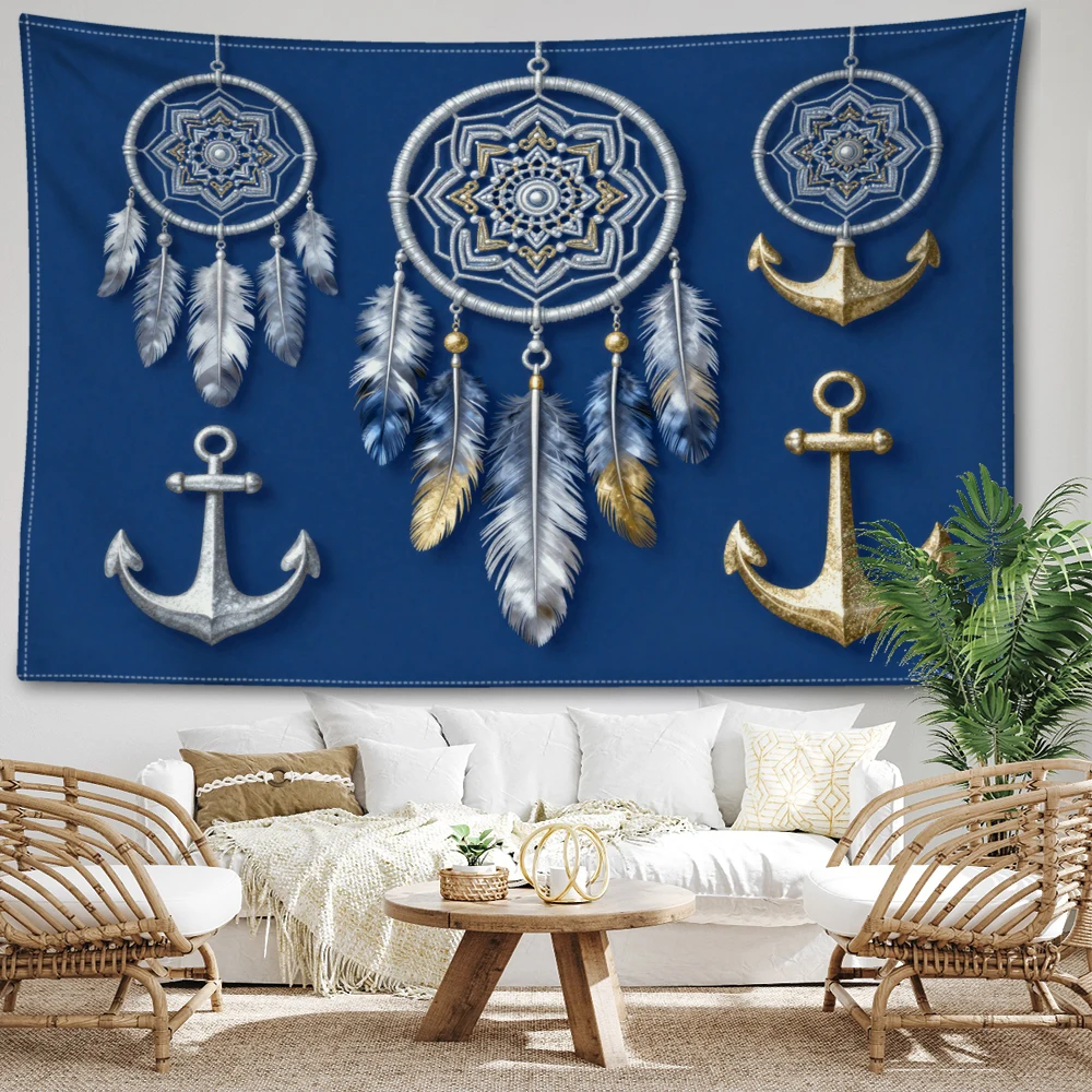 Navy Blue Silver Gold Anchor Mandala Feather Wall Tapestry, Boho Decor