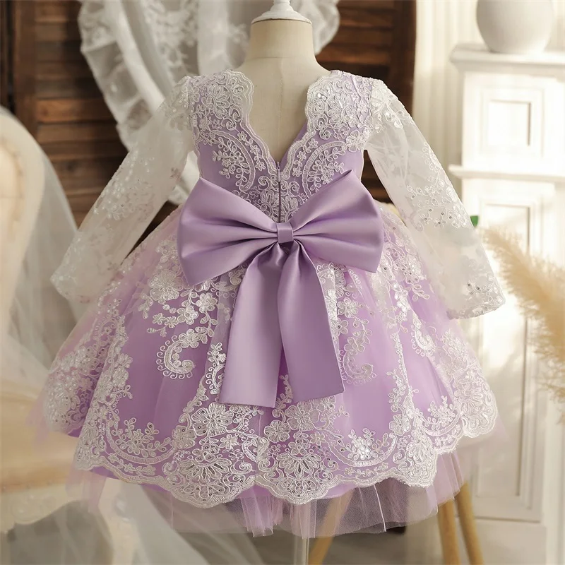 Baby Girl Mesh Flower Embroidered Princess Purple Gown Wedding Bridesmaid Flower Girl Dress Birthday Evening Party Big Bow Dress