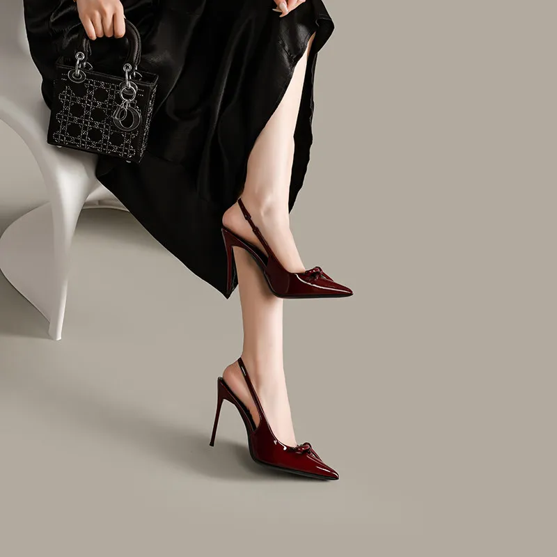 Popular French bow pointed high heels, slim heels, straight toe sandals, elegant patent leather nude women's shoes