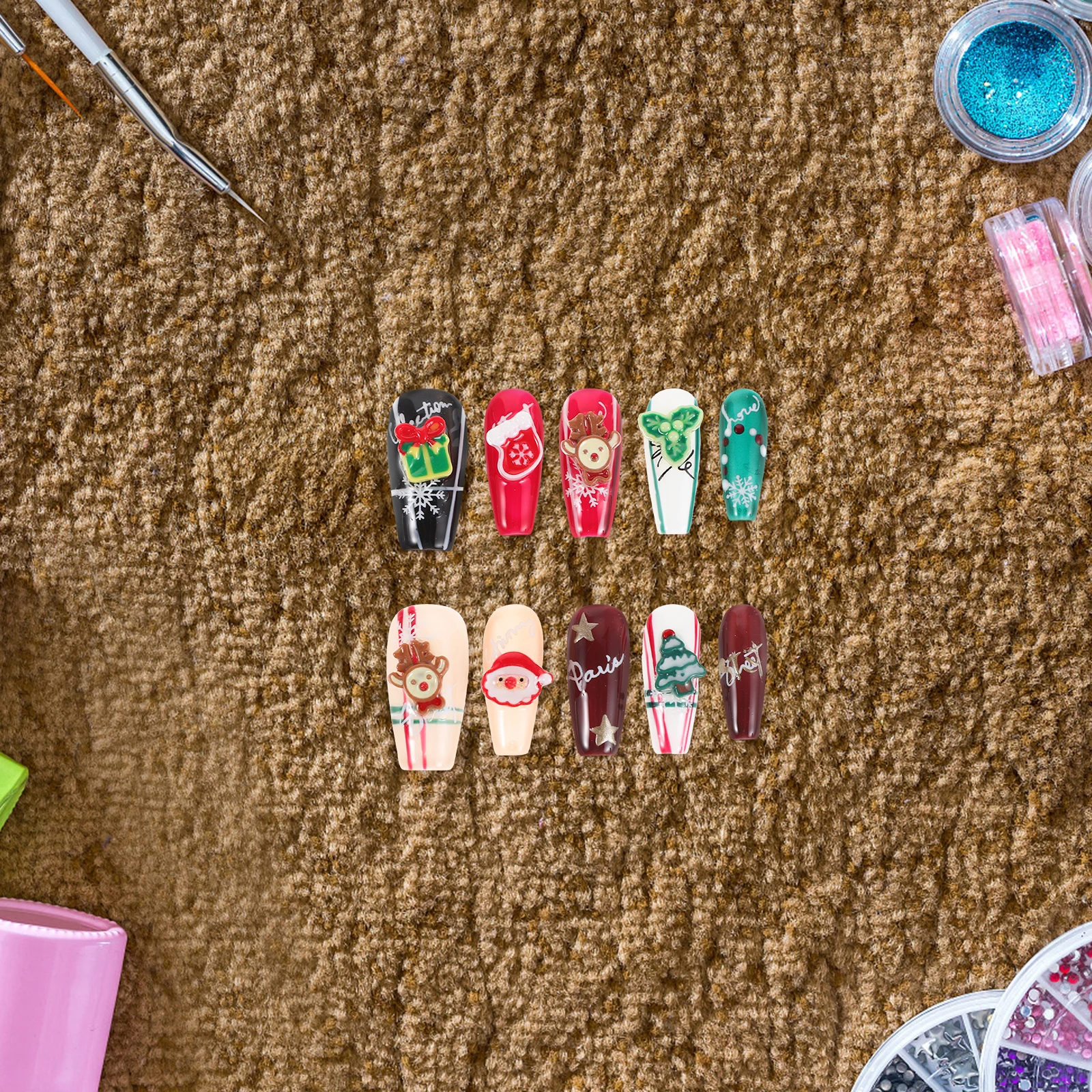 

1Set Christmas Press on Nails Full Cover Santa Snowflake Christmas Tree Red White Reusable Glue on Nail Tips Holiday Party