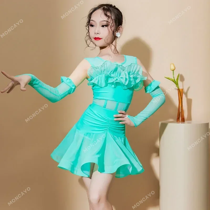 Latin Dance Costumes for Spring and Summer Girls Children's Training Costumes Performance Costumes New 2024 Lace Large Skirt