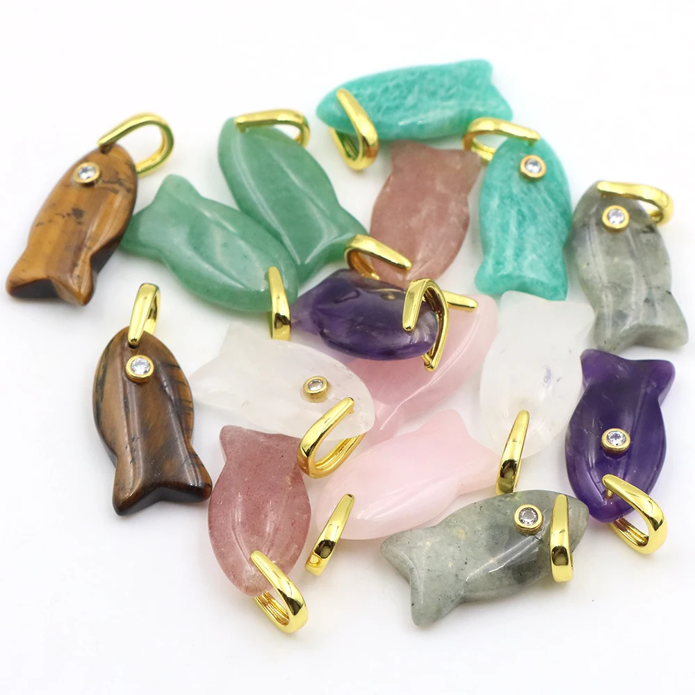 26mm Fish shaped Natural Stone Pendant Inlaid Zircon Crystal Charms Bail DIY Necklace Earrings Jewelry Making Crafts Accessories