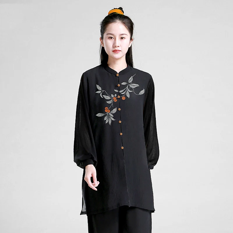 2026 New Women's Hand-Painted Tai Chi Suit - Gauze Linen Wushu Uniform for Spring/Summer Performance, Qigong & Competition
