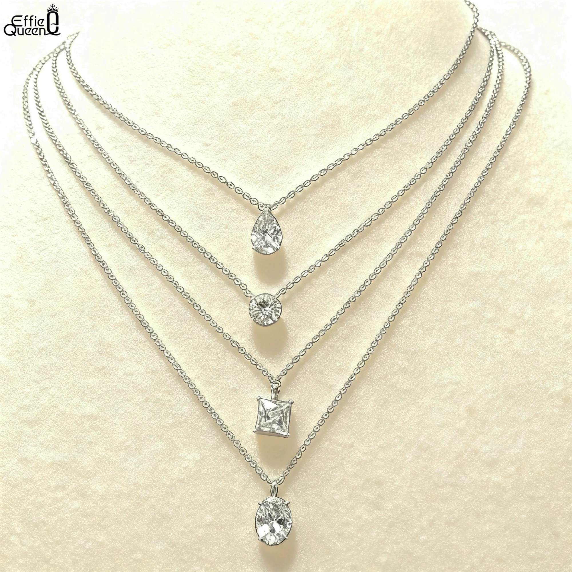 EFFIE QUEEN Chic 925 Sterling Silver Pendant Necklace Feature Water Drop, Round, Oval and Square Zirconia Perfect Crafted APN10