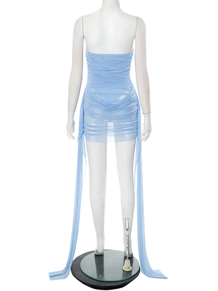 Sibybo Trägerloses Bänder Sheer Minikleid Damen Sommer Mesh Off Shoulder Rückenfrei Geraffte Figurbetonte Kleider Sexy Club Party Outfits