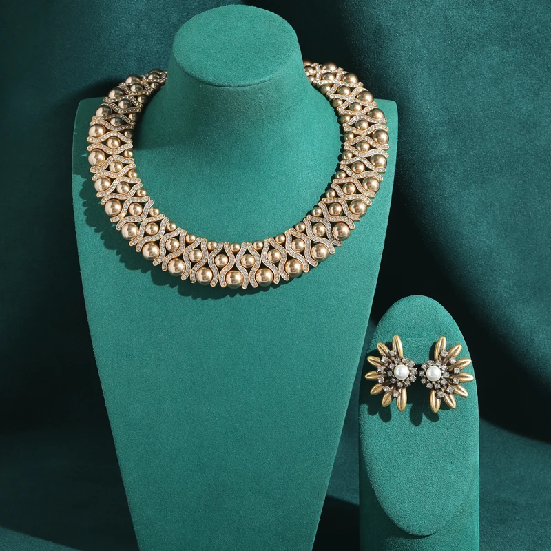 Vintage Champagne Gold Color Pearl Multi Layer Jewelry Sets Necklace Earrings For Women 18k Trendy High Quality Gifts New