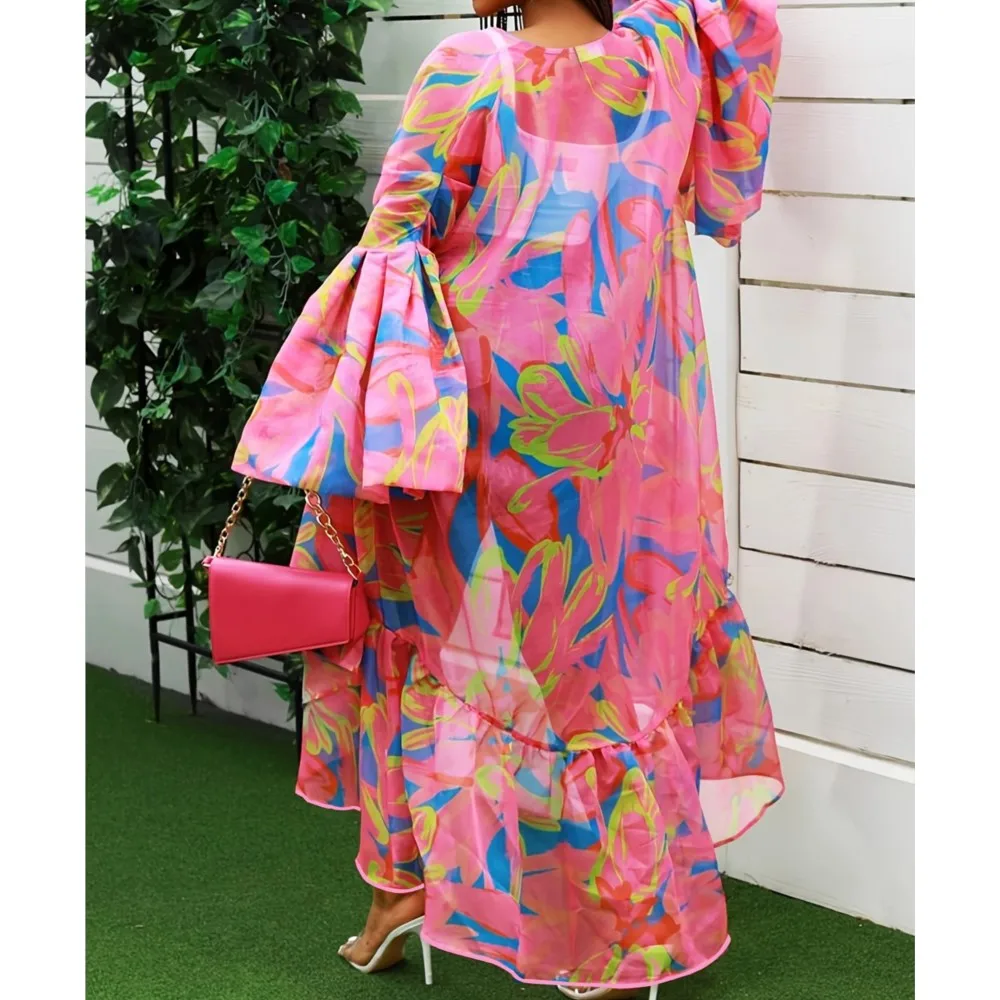 Femmes décontracté plage Protection solaire Long Cardigan printemps automne nouvelles lanternes manches ourlet irrégulier Long imprimé extérieur Cardigan dames