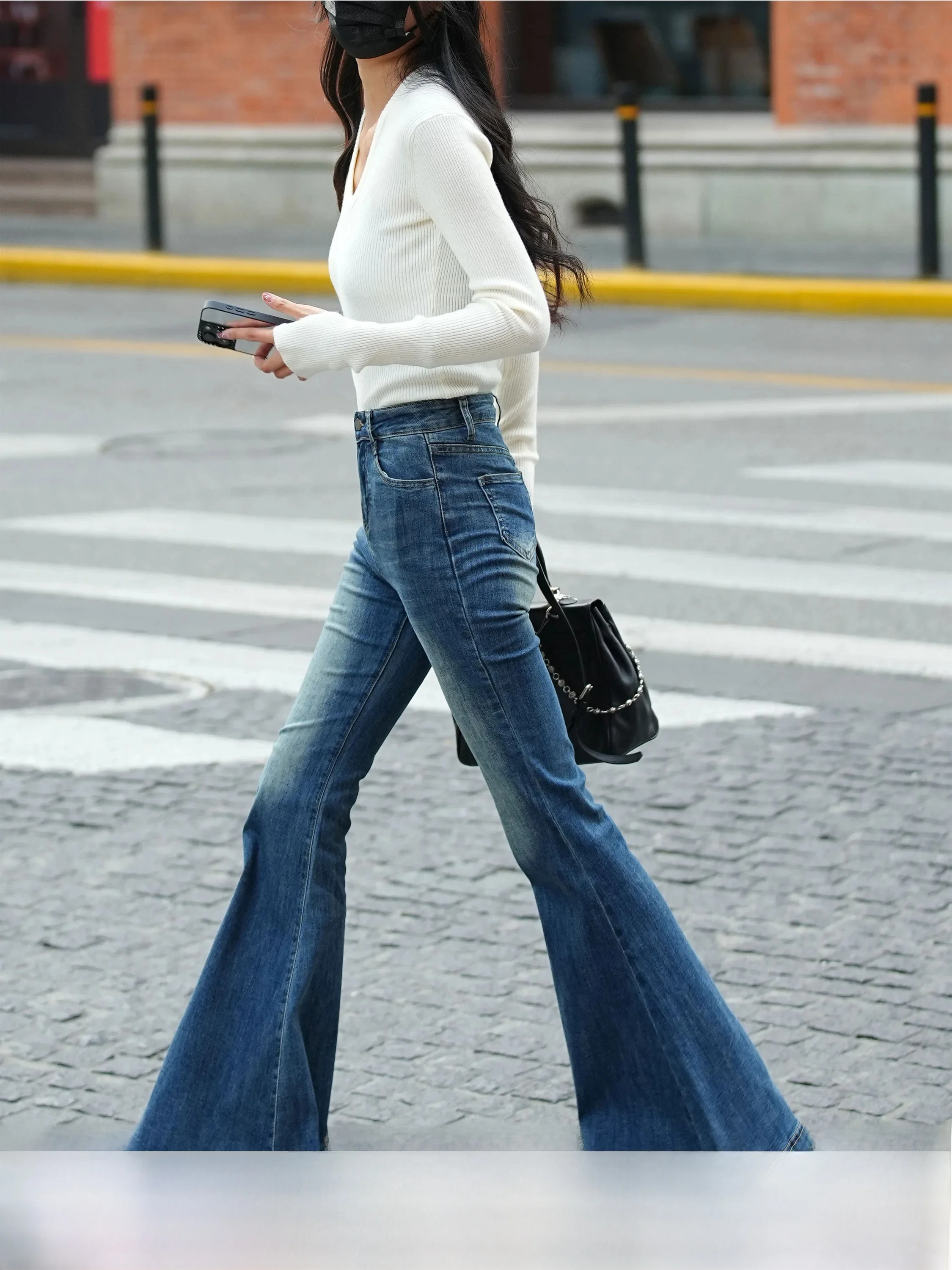 

High Waist Retro Washed White Denim Jeans Women's Spring New Drapey Micro Flare Long Pants Cotton Stretch Denim Skinnies