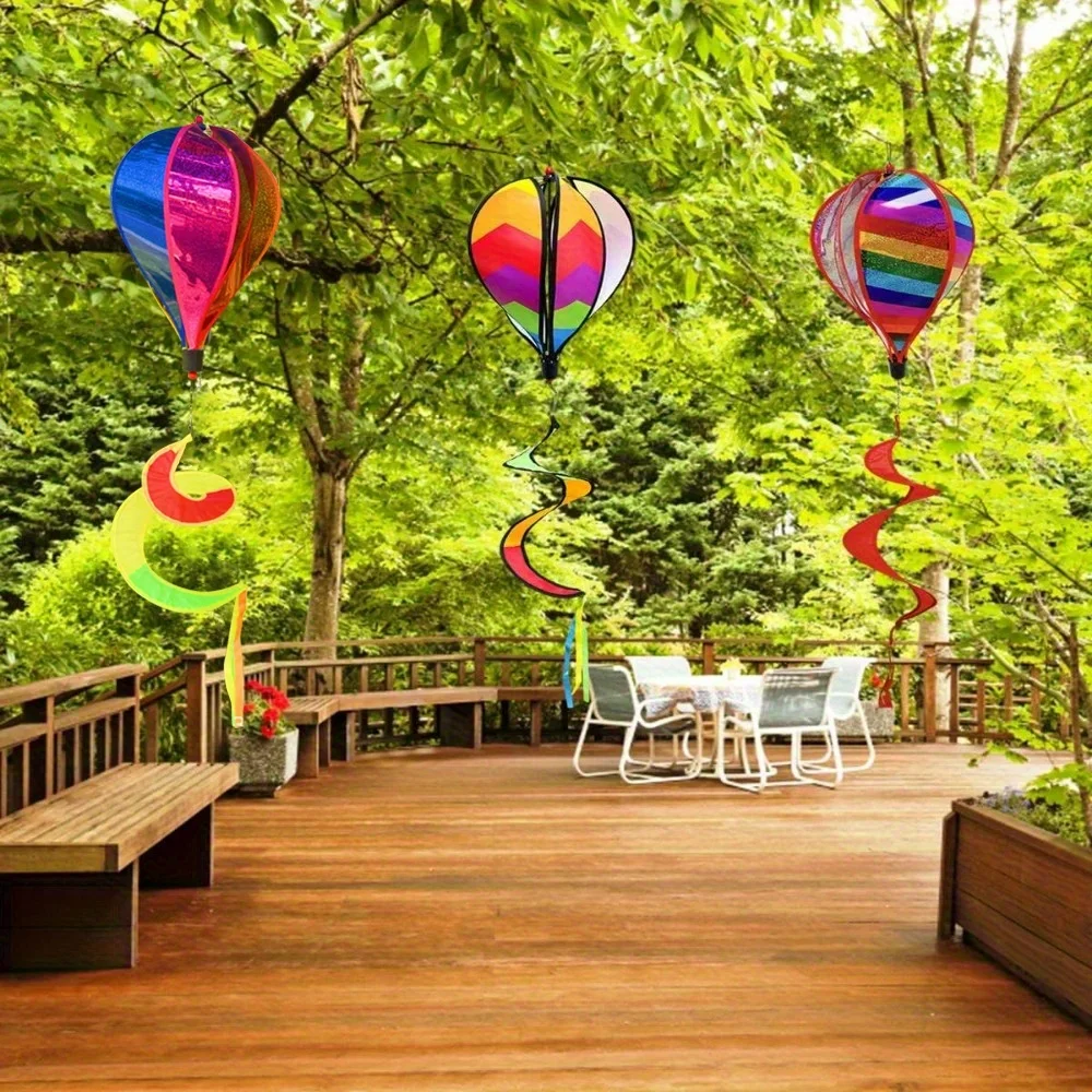 Set of 3 Rainbow Hot Air Balloon Wind Chimes with Rotating Streamers & Film - Colorful Hanging Decorations for Lawn and Garden
