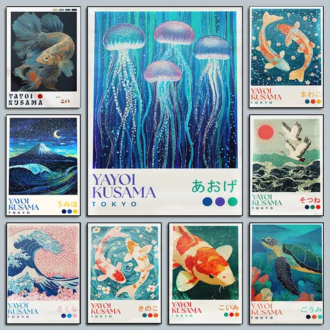 Yayoi Kusama Japanese Abstract Ocean Polka Dot Nature Posters Jellyfish Koi Fish Prints Canvas Painting Wall Pictures Home Decor