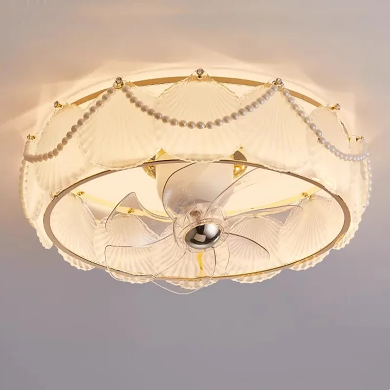 

Modern Oscillating Ceiling Fan Light French Cream Style Creative Feather Shell Smart Home Living Room Bedroom Dining Room Lights