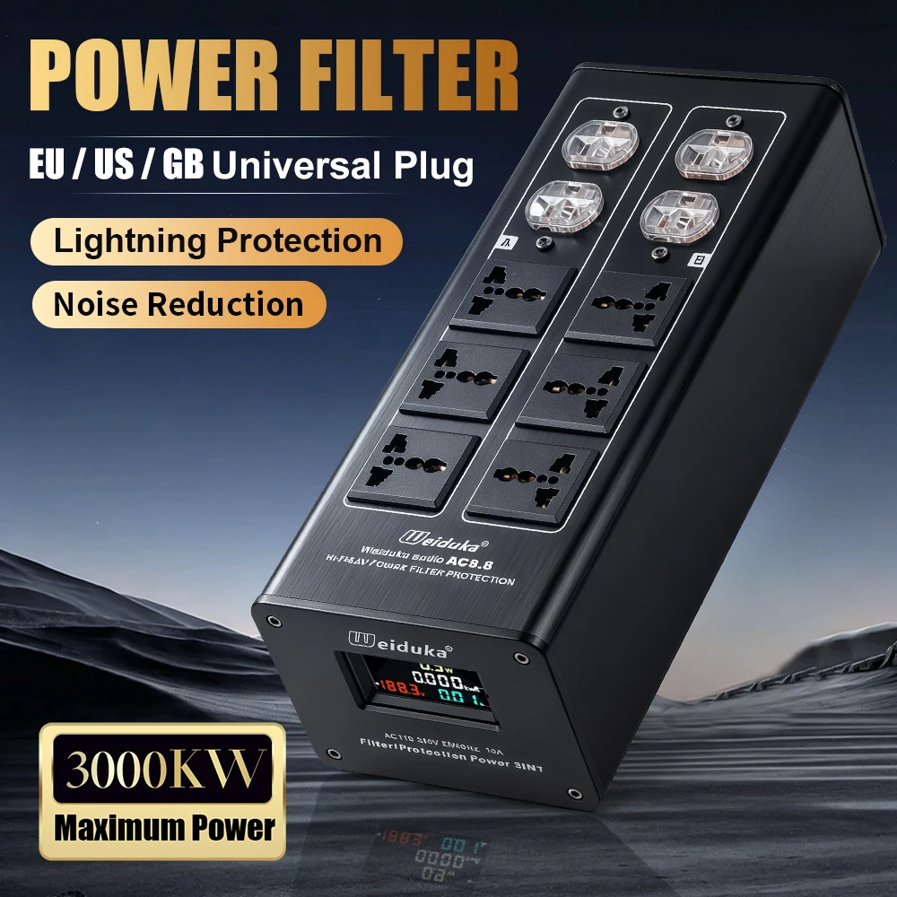 Premium Power Noise Filter Surge Protector 6 Universal Sockets 4 US Standard Outlets HiFi Audio Power Purifier Socket