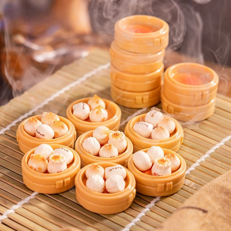 1set Dollhouse Miniature Steamer Ornaments Mini Food Toys + Imitation Steamed Buns Decoration Kitchen Accessories