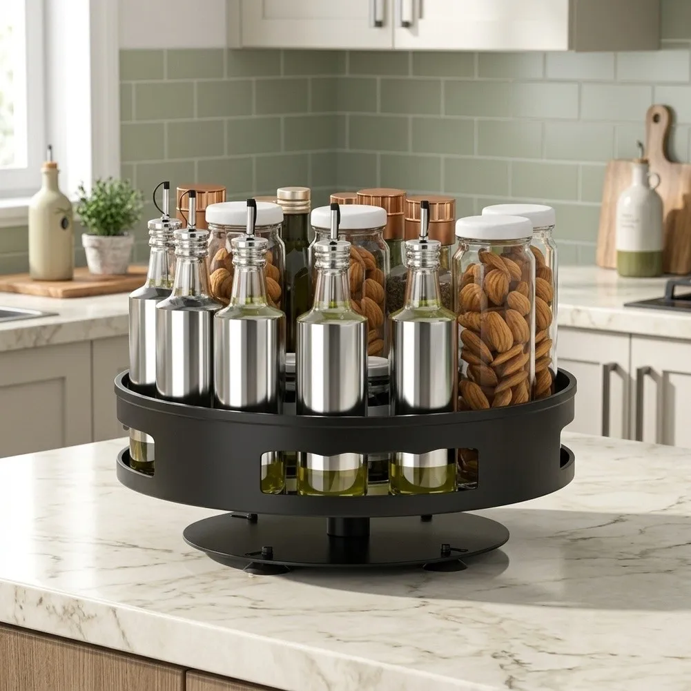 Stainless Steel Rotating Tray Organizer for Kitchen Countertop and Cabinet Storage with 360 Degree Turntable Design