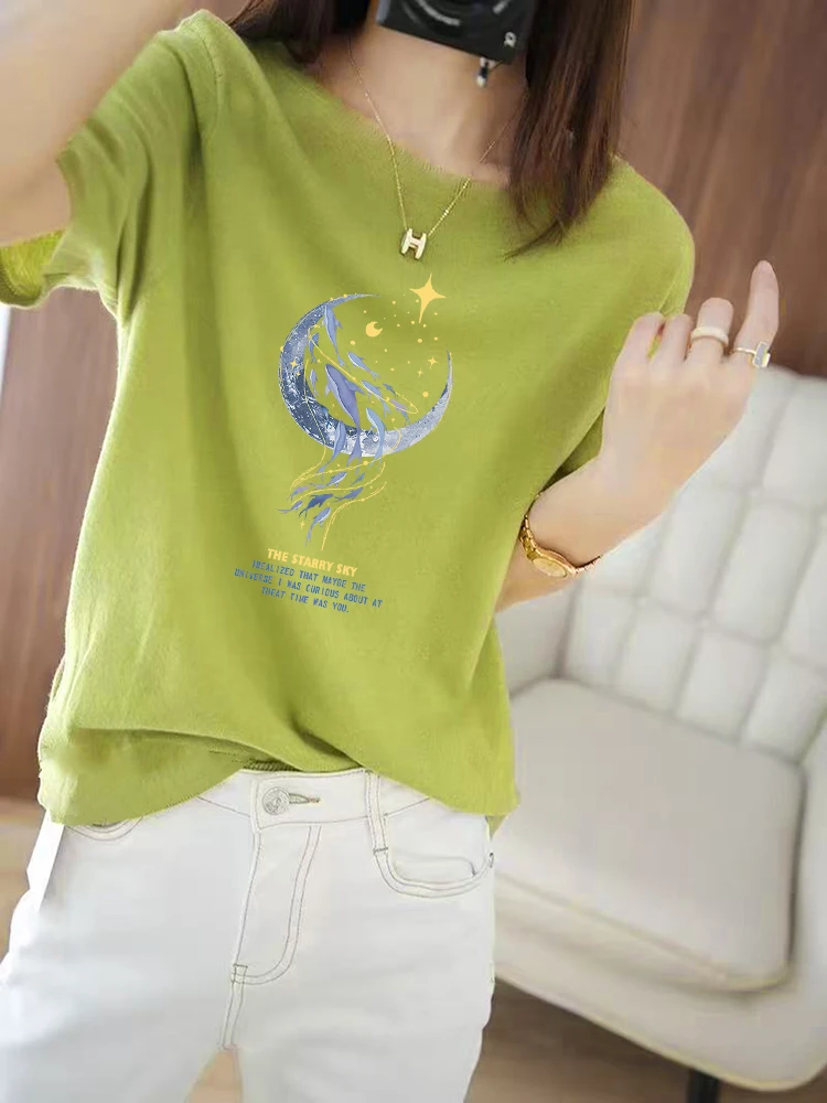 Slim Fit Short Sleeve T-Shirt Women's Summer White Enhancing High-End Feel round Neck Print Cotton Korean Style Commute Wind