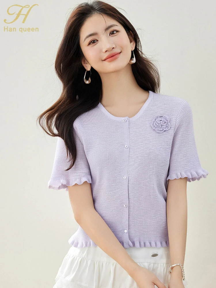 

H Han Queen 2025 Summer New Fashion Short Sleeve Knit Pullover Sweater Women's Vintage Casual Tops Chic Basic Knitted Sweaters