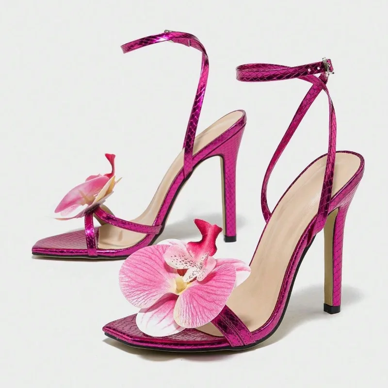 

Sexy Flowers Decorated High-heeled Sandals Women Fashion Square Toe Ankle Strap Buckle Designer Shoes Elegant Banquet Dress Shoe