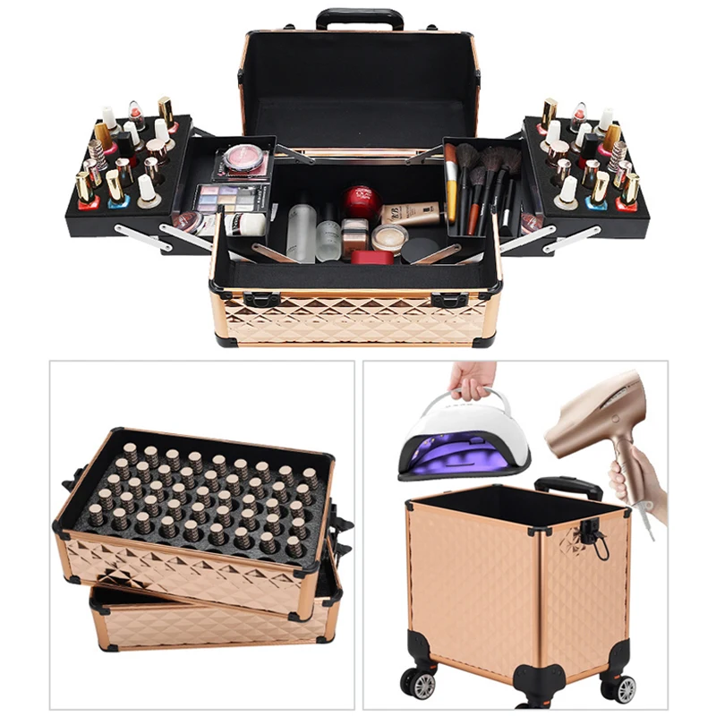 Professional Makeup Suitcase Wheels Large Capacity Cosmetology Manicure Cosmetic Box Folding Rolling Storage Rotating Organizer