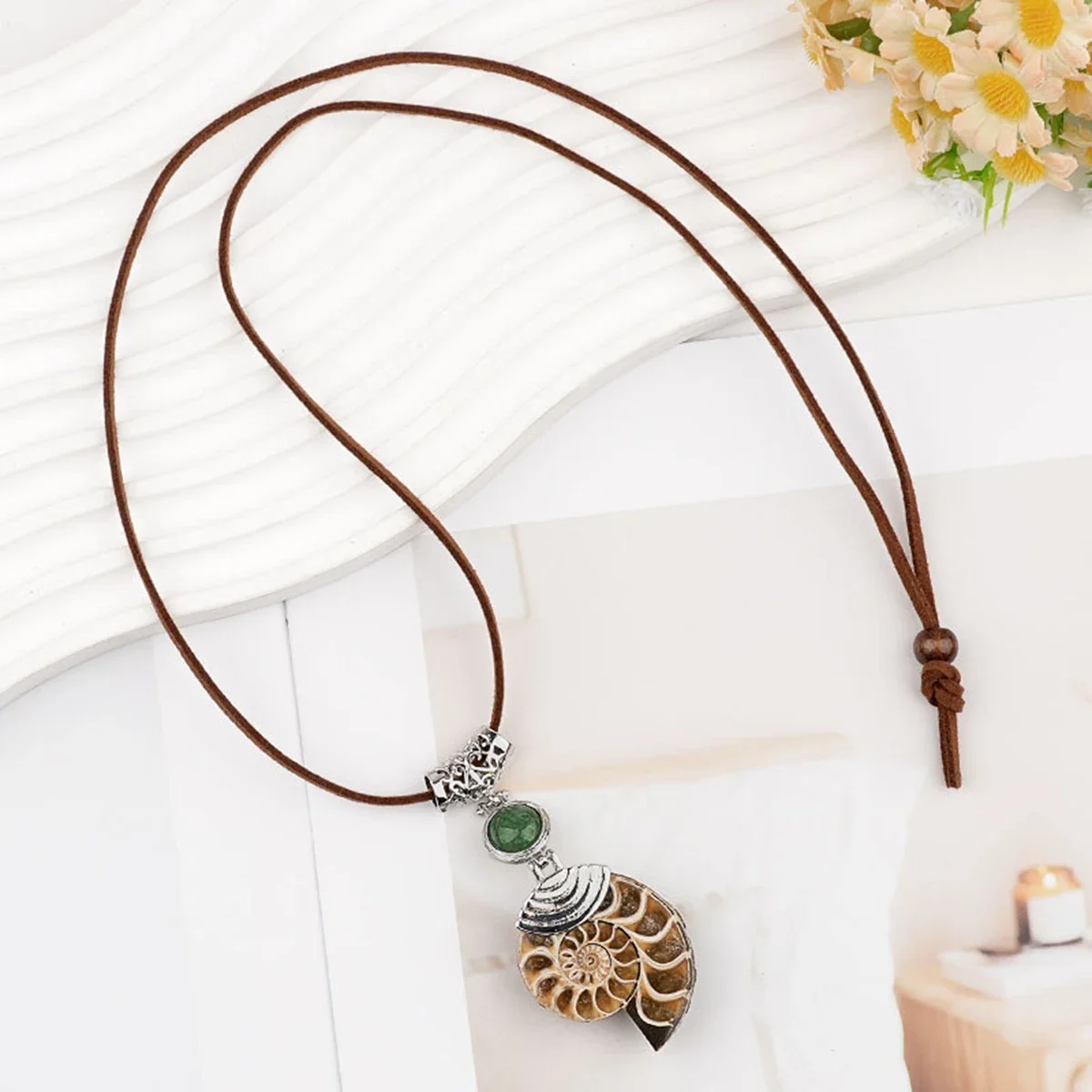 Amethyst Ammonite Stone Pendant Necklace Adjustable Leather Cord Women Men Unisex Healing Chakra Jewelry