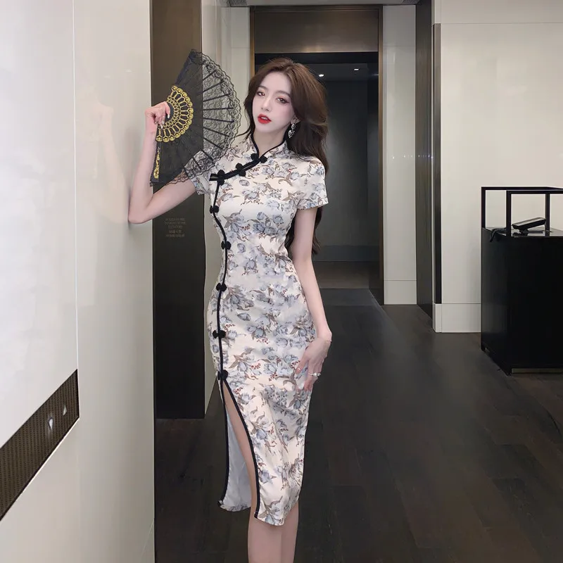 

Lady Chinese Style Flower Print Qipao Women Traditional Retro Vintage Cheongsam Elegant Wedding Evening Dress Bodycon Vestidos