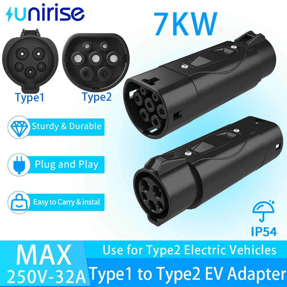 

Unirise 32A 7kW Type1 to Type2 EV Charger adapter SAE J1772 Converter AC type 1 To type 2 Electric cars Charger Connector Socket
