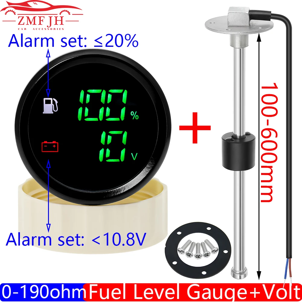 Customized 2 In 1 Dual 52mm Fuel Level Gauge+Voltmeter with Alarm Light 0-190 Ohm Fuel Level Sensor for Marine Boat Car 12V 24V