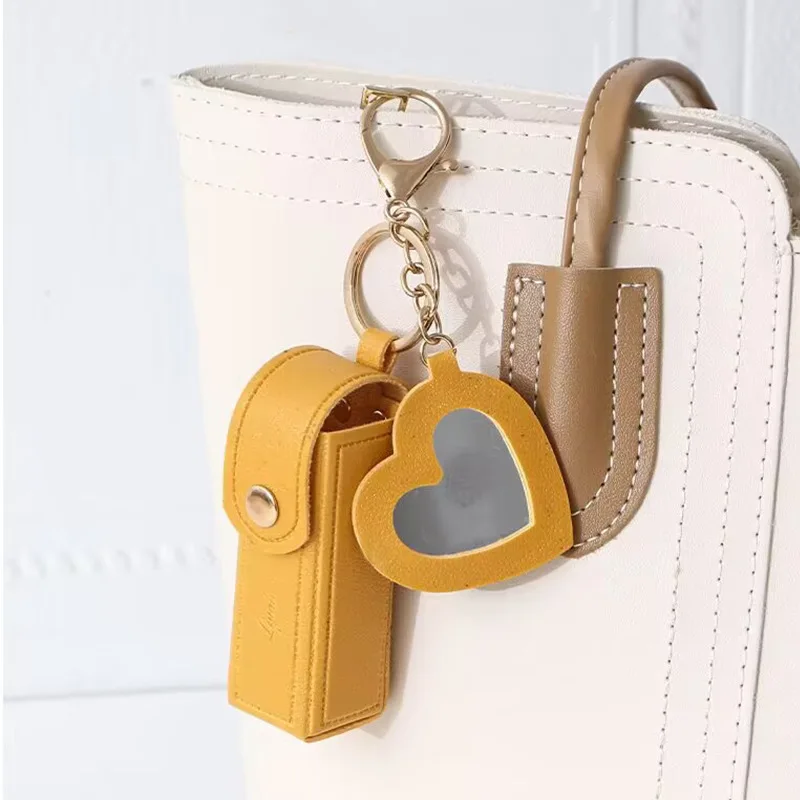 Solid Color Love Heart Leather Keychain With Mini Makeup Mirror Pendant For Women Handbag Ornaments Party Stylish Accessories