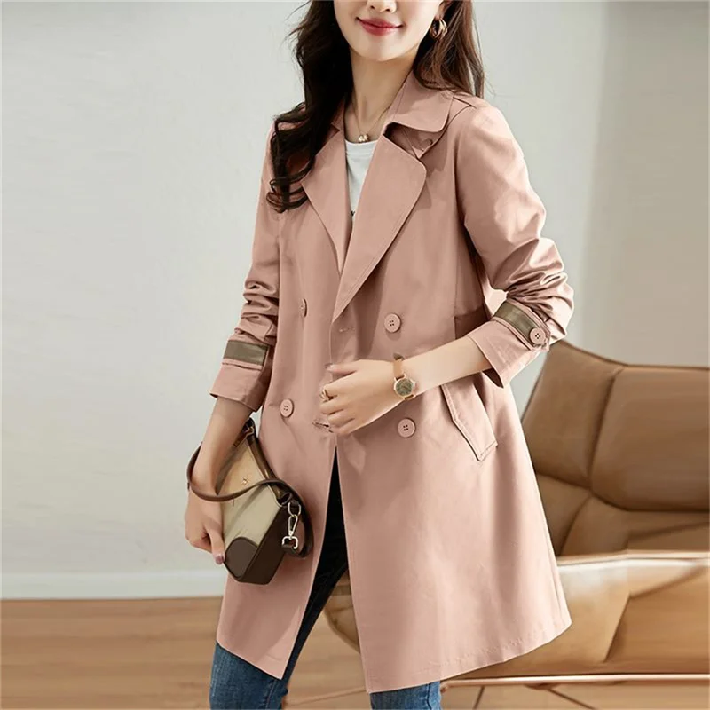 Double Breasted Windbreaker Women\'s Spring and Autumn 2024 New Fashion Popular Long Popular Coat Female Suit Collar Coat Pink