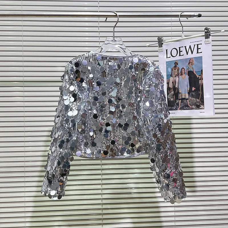 UNITIM Autumn Children Sequin Jackets Round Collar Shiny Junior Girls Coat Teens Girls No Button Outerwear Performance Costume