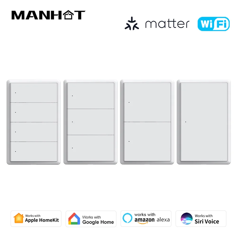 

Умный настенный выключатель Manhot Matter Wi-Fi 1, 2, 3, 4, нейтральный, требуется, умная жизнь, работа с управлением Google Home Apple Homekit