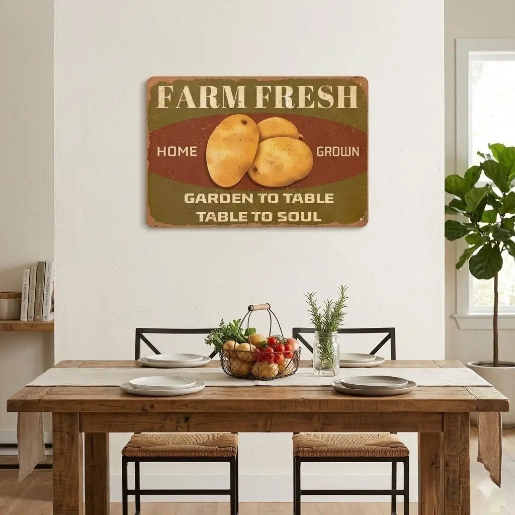 Farm Fresh Potatoes Vintage Metal Sign - Retro Garden to Table Wall Decor for Home Kitchen, Pantry, Farmhouse, Restaurant Cafe (