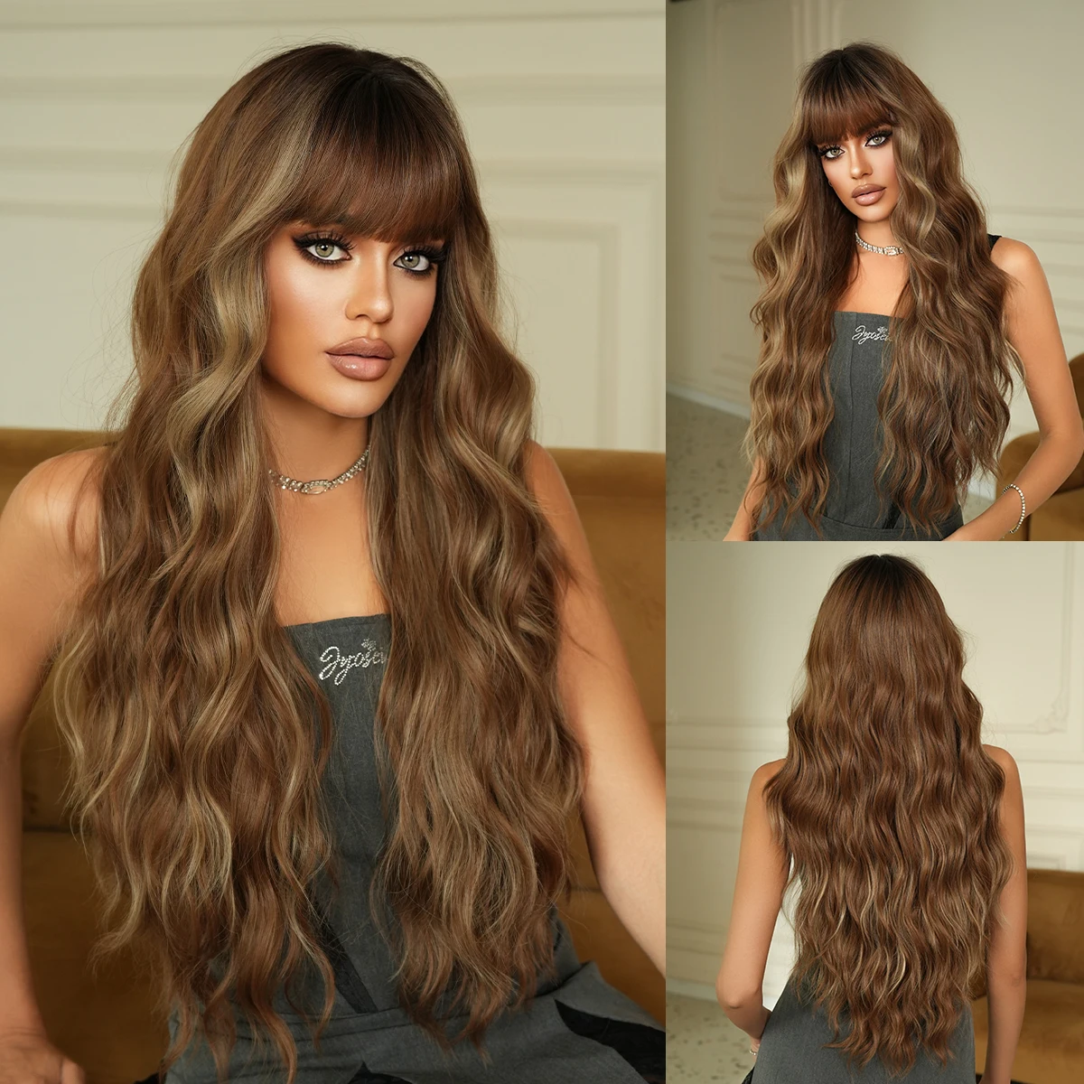 NAMM brown long wave wig, suitable for women's elegant fluffy curly wig, dark root, silk synthetic heat-resistant fiber wig