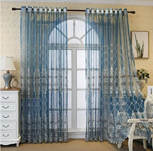 Nordic Tulle Curtains for Living Room Bedroom Luxury Embroidery Cheap Sheer Voile Fabric Blue Lace Window Yarn Free Processing