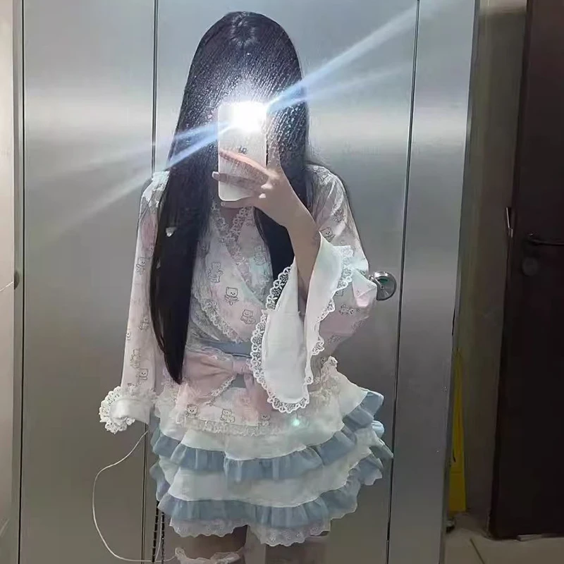 Japanese Lace Sweetheart Set Women Kawaii Ditsy Floral Cute Soft Skirt Set Tiered Ruffle Preppy Style Harajuku Y2K Suit