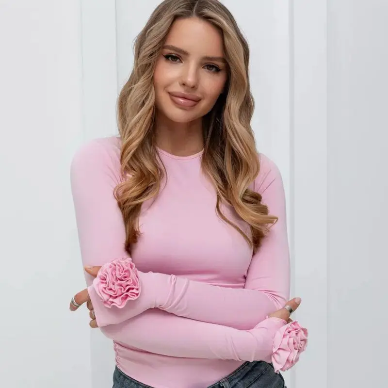 Camiseta larga ajustada con diseño Floral 3D para mujer, camiseta transfronteriza para otoño e invierno, nueva longitud redonda Ne ort