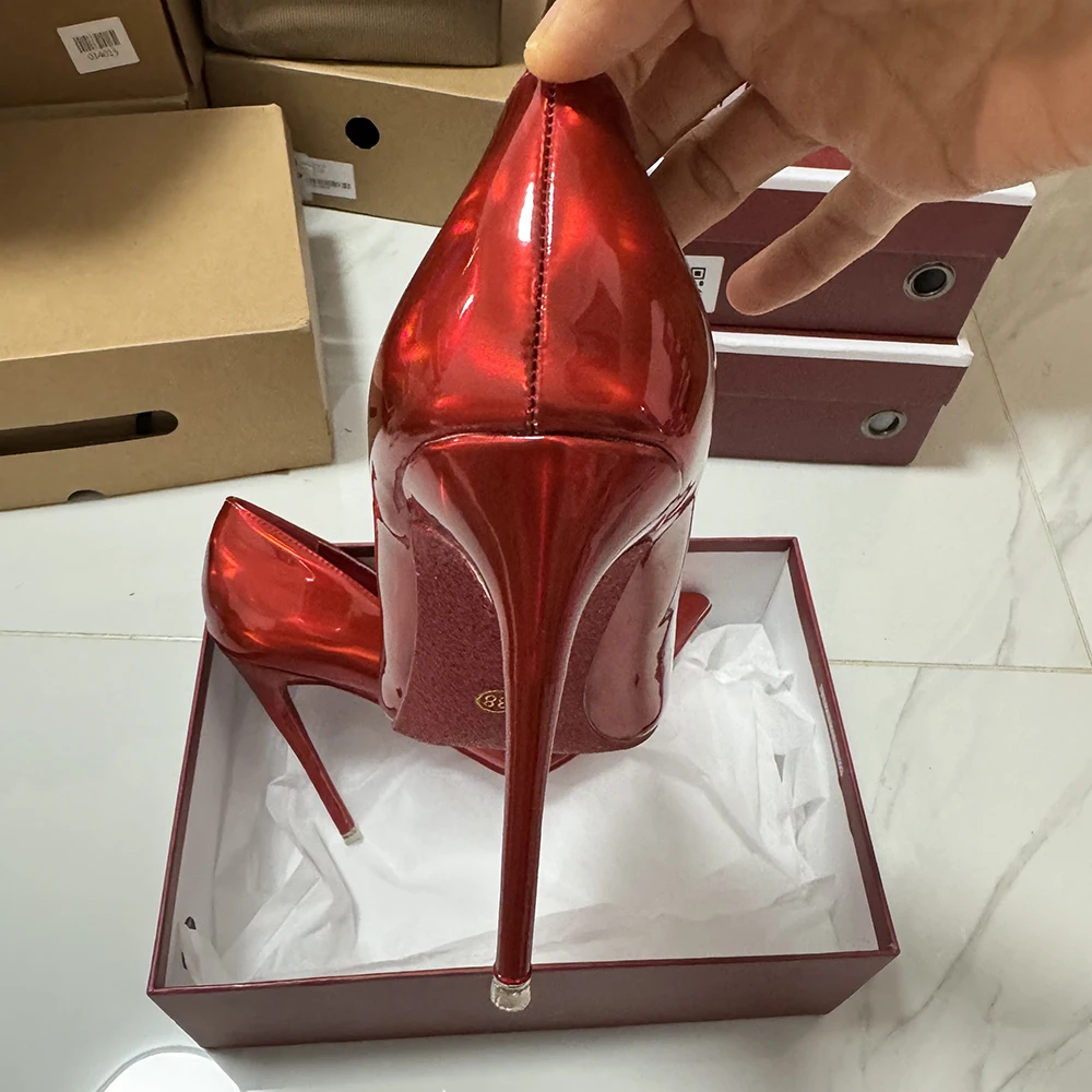 Tikicup Sexy Dunne 12 cm Hoge Hakken Vrouwen Glanzend Rood Patent Puntige Teen Elegante Stiletto Pompen Bruiloft Bruids Feestjurk schoenen